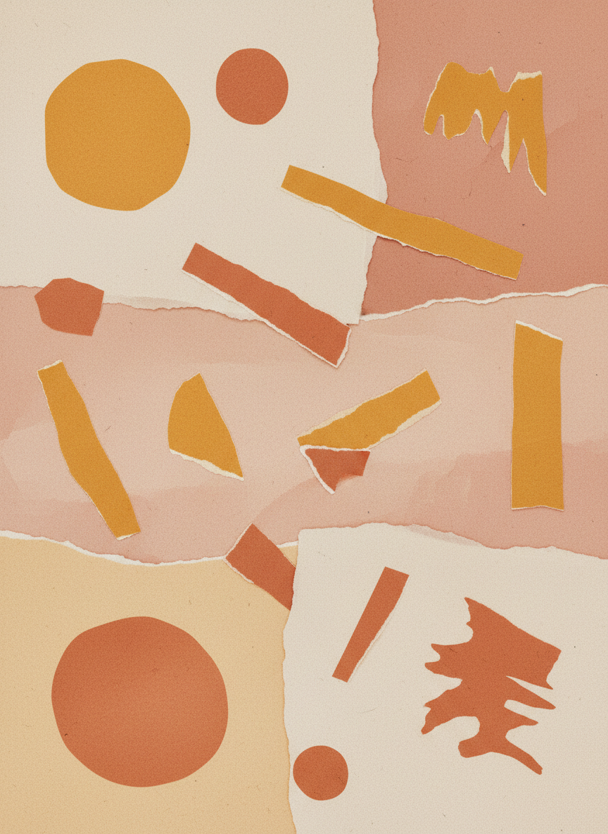 Warm cream and dusty rose torn-paper collage with terracotta and golden shapes